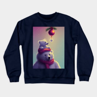 A polar bear in a red scarf with a bear cub on his shoulders. Crewneck Sweatshirt